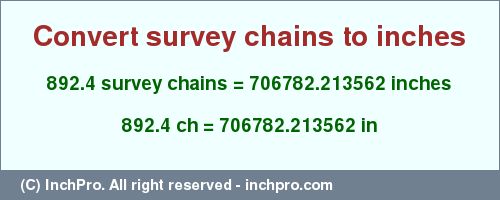 Result converting 892.4 survey chains to inches = 706782.213562 inches