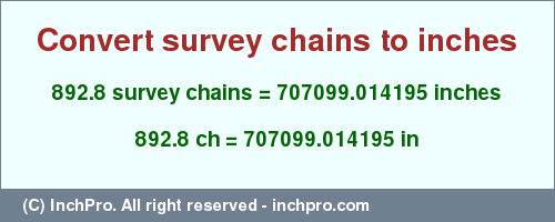 Result converting 892.8 survey chains to inches = 707099.014195 inches