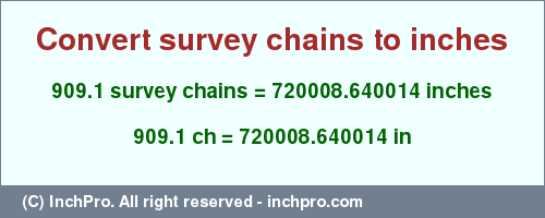 Result converting 909.1 survey chains to inches = 720008.640014 inches