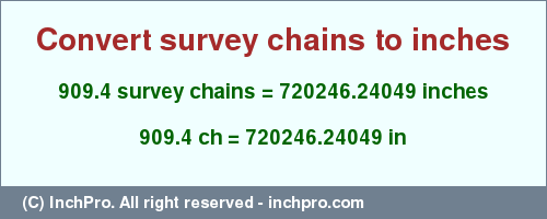 Result converting 909.4 survey chains to inches = 720246.24049 inches