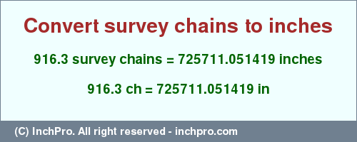 Result converting 916.3 survey chains to inches = 725711.051419 inches
