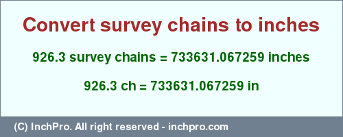 Result converting 926.3 survey chains to inches = 733631.067259 inches