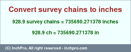 Result converting 928.9 survey chains to inches = 735690.271378 inches