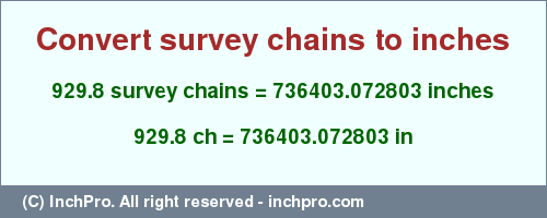 Result converting 929.8 survey chains to inches = 736403.072803 inches