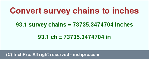 Result converting 93.1 survey chains to inches = 73735.3474704 inches