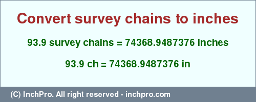 Result converting 93.9 survey chains to inches = 74368.9487376 inches