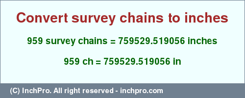 Result converting 959 survey chains to inches = 759529.519056 inches