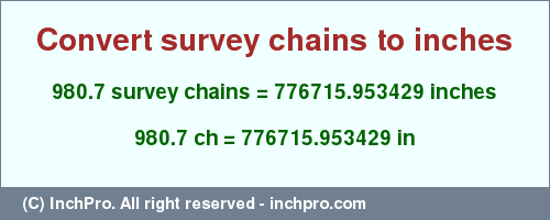 Result converting 980.7 survey chains to inches = 776715.953429 inches