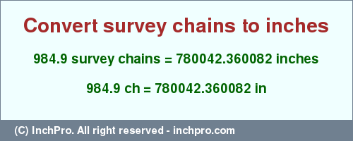 Result converting 984.9 survey chains to inches = 780042.360082 inches