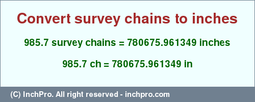 Result converting 985.7 survey chains to inches = 780675.961349 inches