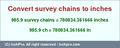 Result converting 985.9 survey chains to inches = 780834.361666 inches