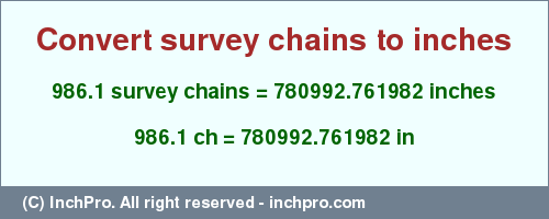 Result converting 986.1 survey chains to inches = 780992.761982 inches