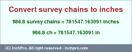 Result converting 986.8 survey chains to inches = 781547.163091 inches