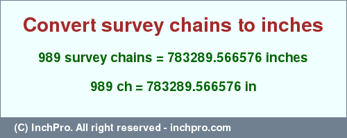Result converting 989 survey chains to inches = 783289.566576 inches