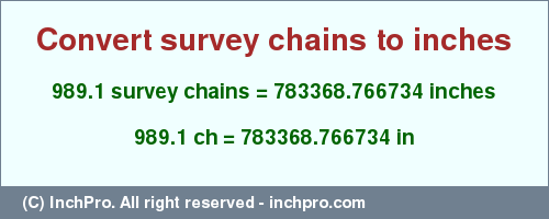 Result converting 989.1 survey chains to inches = 783368.766734 inches