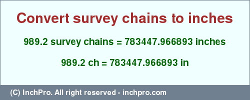 Result converting 989.2 survey chains to inches = 783447.966893 inches