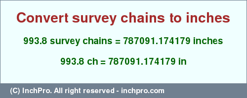 Result converting 993.8 survey chains to inches = 787091.174179 inches