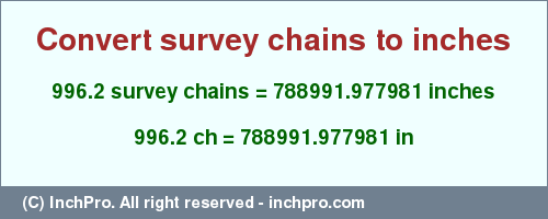 Result converting 996.2 survey chains to inches = 788991.977981 inches