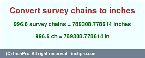 Result converting 996.6 survey chains to inches = 789308.778614 inches