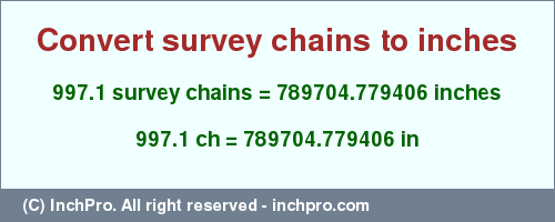 Result converting 997.1 survey chains to inches = 789704.779406 inches