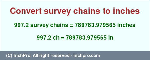 Result converting 997.2 survey chains to inches = 789783.979565 inches