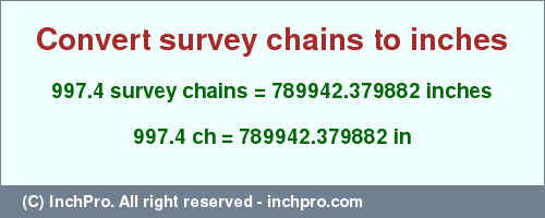 Result converting 997.4 survey chains to inches = 789942.379882 inches