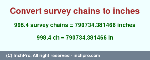 Result converting 998.4 survey chains to inches = 790734.381466 inches