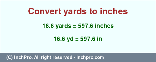 Result converting 16.6 yards to inches = 597.6 inches