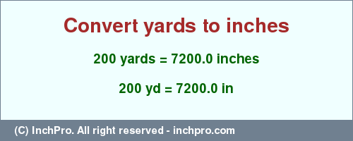 Result converting 200 yards to inches = 7200.0 inches