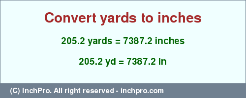 Result converting 205.2 yards to inches = 7387.2 inches