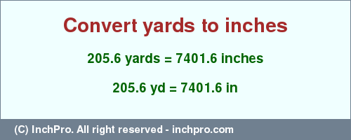 Result converting 205.6 yards to inches = 7401.6 inches