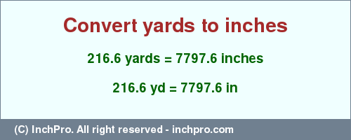 Result converting 216.6 yards to inches = 7797.6 inches