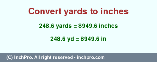 Result converting 248.6 yards to inches = 8949.6 inches