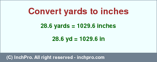 Result converting 28.6 yards to inches = 1029.6 inches