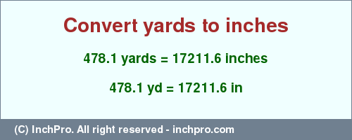 Result converting 478.1 yards to inches = 17211.6 inches