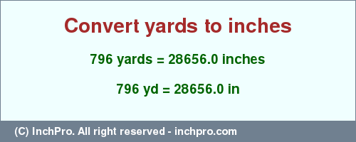 Result converting 796 yards to inches = 28656.0 inches