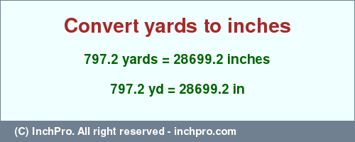 Result converting 797.2 yards to inches = 28699.2 inches