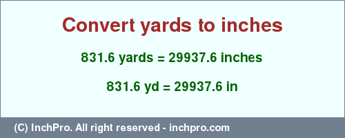 Result converting 831.6 yards to inches = 29937.6 inches