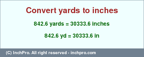 Result converting 842.6 yards to inches = 30333.6 inches