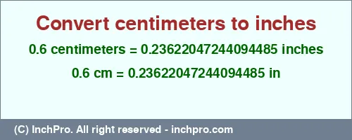 0.6 centimeters to inches is equal to 0.23622047244094485 (in) Result converting 0.6 centimeters to inches = 0.23622047244094485 inches