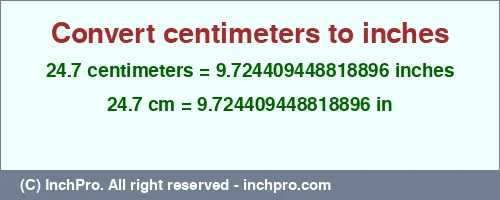 Result converting 24.7 centimeters to inches = 9.724409448818896 inches