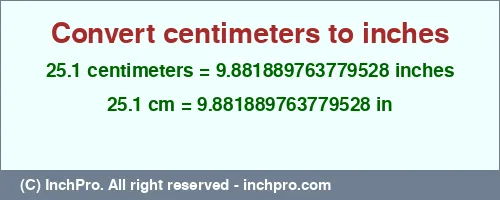 25.1 centimeters to inches is equal to 9.881889763779528 (in) Result converting 25.1 centimeters to inches = 9.881889763779528 inches