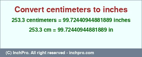 Result converting 253.3 centimeters to inches = 99.72440944881889 inches