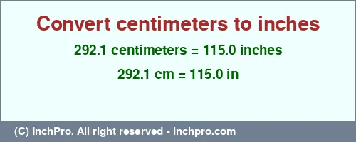 292.1 centimeters to inches is equal to 115.0 (in) Result converting 292.1 centimeters to inches = 115.0 inches
