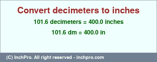 101.6 decimeters to inches is equal to 400.0 (in) Result converting 101.6 decimeters to inches = 400.0 inches