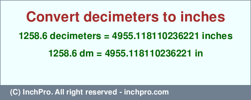 Result converting 1258.6 decimeters to inches = 4955.118110236221 inches