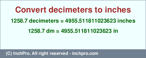 Result converting 1258.7 decimeters to inches = 4955.511811023623 inches