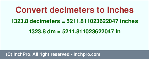 Result converting 1323.8 decimeters to inches = 5211.811023622047 inches