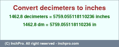 1462.8 decimeters to inches is equal to 5759.055118110236 (in) Result converting 1462.8 decimeters to inches = 5759.055118110236 inches