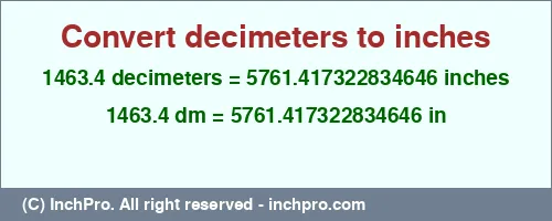 1463.4 decimeters to inches is equal to 5761.417322834646 (in) Result converting 1463.4 decimeters to inches = 5761.417322834646 inches